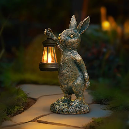 Rabbit Garden Statues with Solar Lantern Bunny Outdoor Resin Sculpture for Patio Yard Lawn Decorations Gifts for Mother’s Day Housewarming Easter
