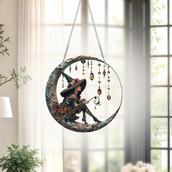8" Mystic Moonlight Witch Acrylic Suncatcher with Hanging Chain, Magical Light Effects Decoration for Patio, Garden, Balcony and Home - Perfect Housewarming or Birthday Gift