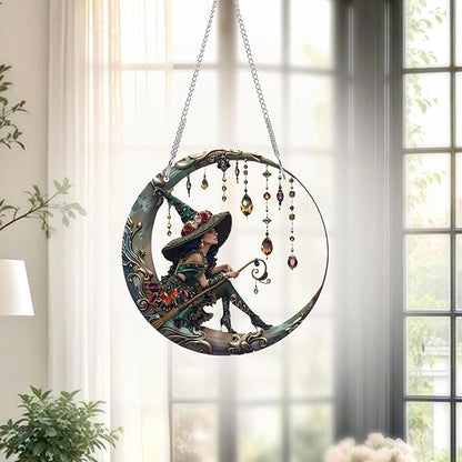 8" Mystic Moonlight Witch Acrylic Suncatcher with Hanging Chain, Magical Light Effects Decoration for Patio, Garden, Balcony and Home - Perfect Housewarming or Birthday Gift