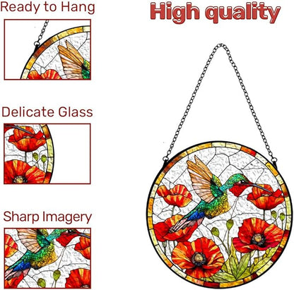 GENANY Hummingbird Stained Glass Window Hanging, Memorial Sun Catcher with Metal Chain and Hook, Spring Ornament Gifts for Women Men, Spring Home Decorations, Bird Themed Housewarming Gifts
