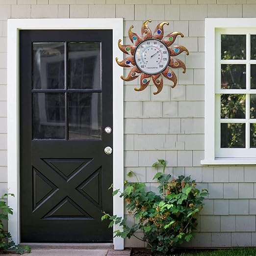 Metal Sun Thermometer Indoor Outdoor Wall Art Decor, Sun with Glass Ball Plaque Sculpture Hanging Mounted for Living Room Bedroom Kitchen Workroom Patio Garden, No Battery Required