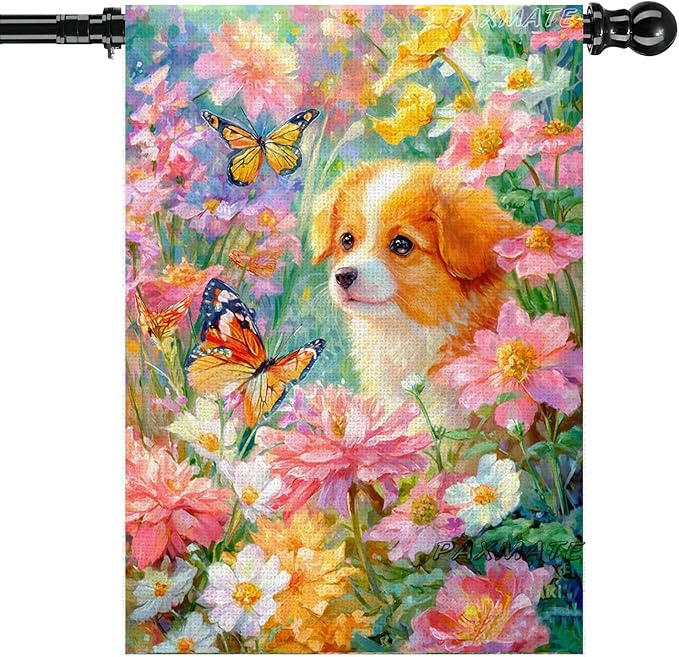 Spring Summer Welcome House Flag 28x40 Inch Double Sided Dog Floral Butterfly Burlap Large Yard Flag Seasonal Farmhouse Outside Outdoor Decoration