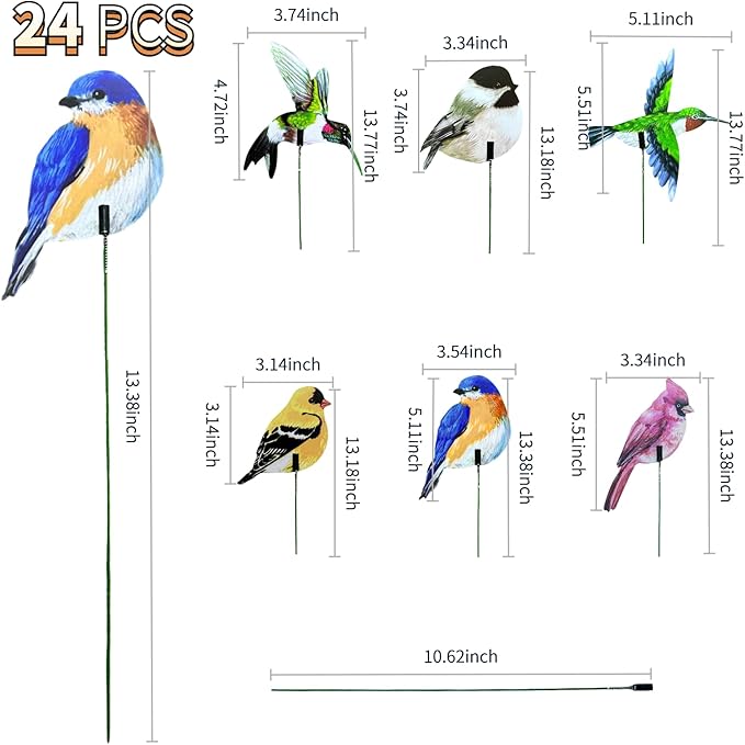 24PCS Bird Garden Stakes Decoration, 2D Flat Vibrant Bird Yard Decoration, Durable Weather Resistant Spring Garden Decorations for Crafts Outdoor Wall Patio Plant Yard Decor