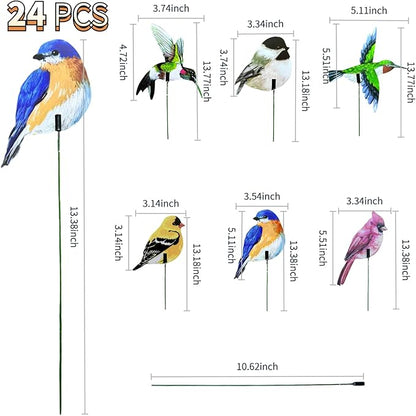 24PCS Bird Garden Stakes Decoration, 2D Flat Vibrant Bird Yard Decoration, Durable Weather Resistant Spring Garden Decorations for Crafts Outdoor Wall Patio Plant Yard Decor