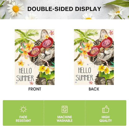 AVOIN colorlife Hello Summer Floral Cat House Flag 28x40 Inch Double Sided Outside, Party Holiday Burlap Yard Outdoor Decoration