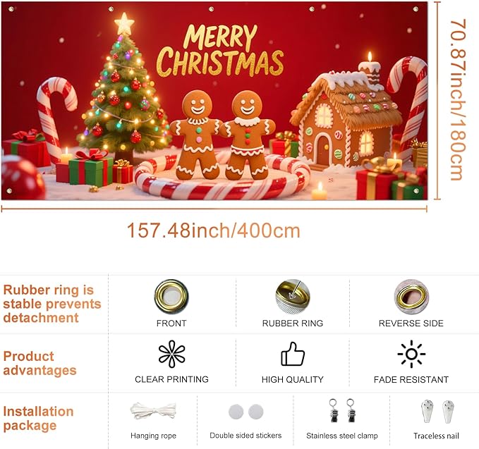 IVN Christmas Gingerbread Garage Door Banner 6x13 ft Holiday Backdrop with Cookies Tree Gifts Garage Door Covers Decorative Garage Door Cover Mural for Outdoor Decor
