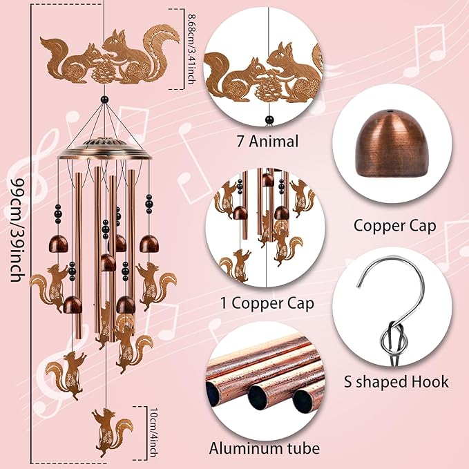 Squirrel Gifts Wind Chimes - Squirrel Gifts for Women Men, Birthday Housewarming Christmas Festival Presents, Animal Metal Memorial Wind Chimes for Outside Porch Patio Yard Garden Decor