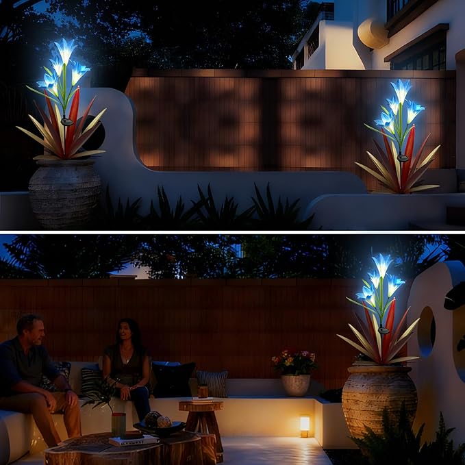 Homight Solar Metal Agave Lily Flower Garden Sculpture with LED Lights 30.3 Inch Waterproof Outdoor/Indoor Yard Decor Handmade Lawn Ornament Gift for Family Friends (3, Red)