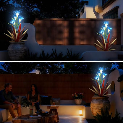 Homight Solar Metal Agave Lily Flower Garden Sculpture with LED Lights 30.3 Inch Waterproof Outdoor/Indoor Yard Decor Handmade Lawn Ornament Gift for Family Friends (2, Red)