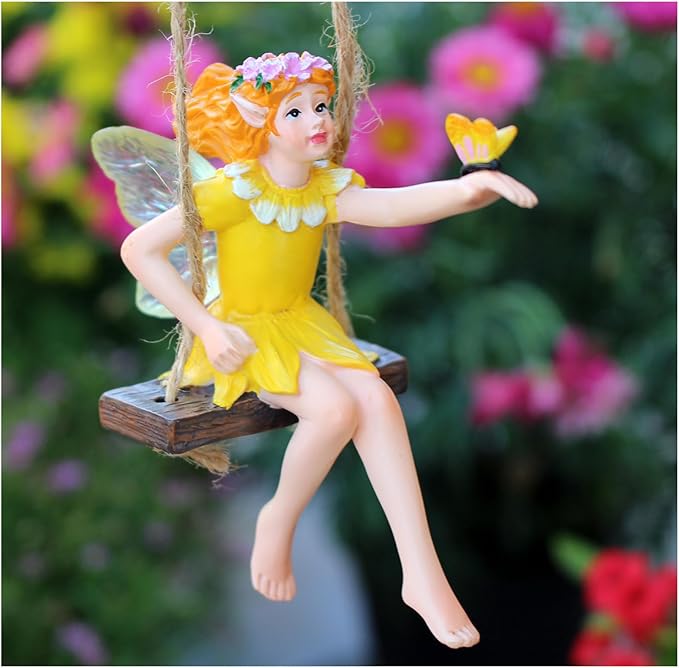 Fairy on a Swing Hanging Statue, Resin Flower Pendant Outdoor Decor Statue, Swing Fairy Ornaments for Yard Lawn Patio Balcony