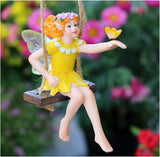 Fairy on a Swing Hanging Statue, Resin Flower Pendant Outdoor Decor Statue, Swing Fairy Ornaments for Yard Lawn Patio Balcony