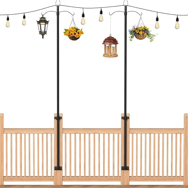 2 Pack String Light Poles for Outside, 9FT Heavy Duty Light Poles Outdoor with Shepherds Hooks for Bird Feeder & Plant Hanging, Adjustable Height Metal Pole for Garden Party Backyard Patio Decor