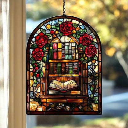 Floral Library Bookshelf Acrylic Suncatcher Stained Glass Effect Window Car Hanging Christmas Ornament Indoor Outdoor Decor Garden Sun Catcher Panel for Book Lover for Women Mom Grandma