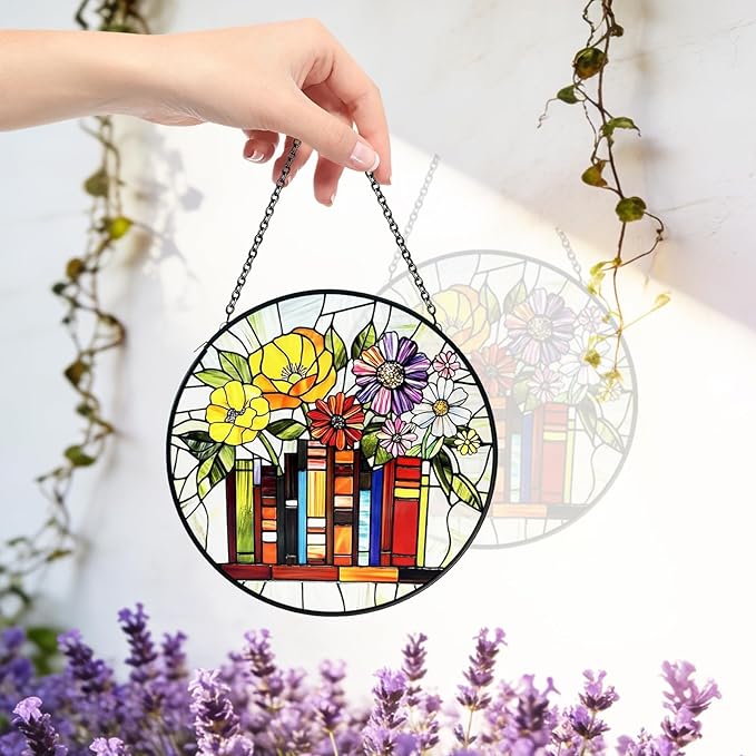 Stained Glass Sun Catchers Indoor Window, Suncatchers for Windows Hanging, Book Decor for Book Lover