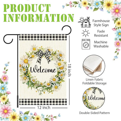 Daisy Wreath Welcome Garden Flags for Outside,Spring Flowers Garden Flag Yard Lawn Porch Flag for Outdoor Decorations 12x18 Inch Double Sided