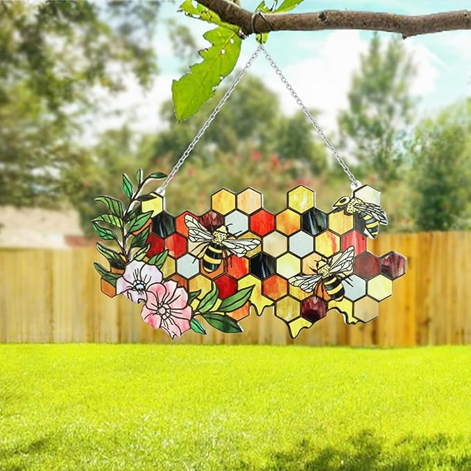 Stained Glass Suncatchers for Windows, Enlarged Stained Glass Window Hanging with Metal Chain, Garden Suncatchers for Home Decor, Garden, Patio, Gift for Nature and Bee Lovers