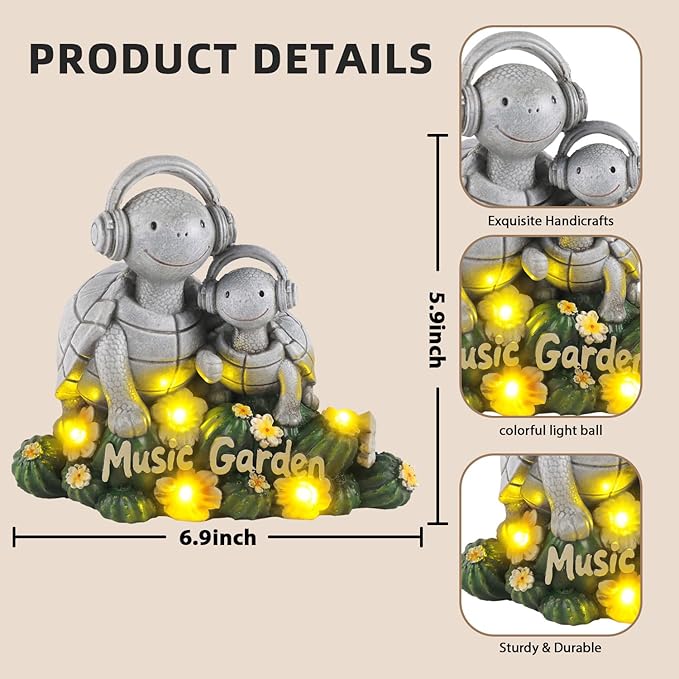 Solar Garden Turtle Statue 5.9"with Headphones,Solar Statue with 5 LED Lights,Anti-Fade Stone Texture Turtle Gifts for Women Men Mom Dad,Unique Resin Lawn Ornaments for Patio Yard Lawn Balcony