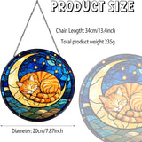 Cat Stained Glass Suncatcher, Sleeping Orange Cat on Yellow Moon with Stars Floral Round Window Hanging, Light Catcher Home Decor Gift for Cats Lovers Women Wife Mom Christmas Birthday 7.8 in