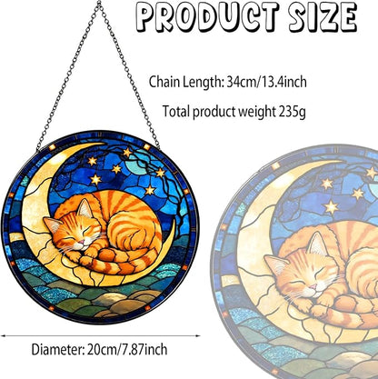 Cat Stained Glass Suncatcher, Sleeping Orange Cat on Yellow Moon with Stars Floral Round Window Hanging, Light Catcher Home Decor Gift for Cats Lovers Women Wife Mom Christmas Birthday 7.8 in