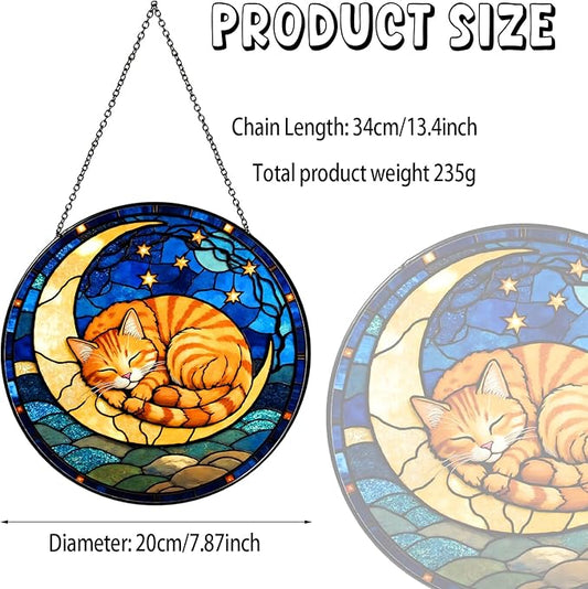 Cat Stained Glass Suncatcher, Sleeping Orange Cat on Yellow Moon with Stars Floral Round Window Hanging, Light Catcher Home Decor Gift for Cats Lovers Women Wife Mom Christmas Birthday 7.8 in