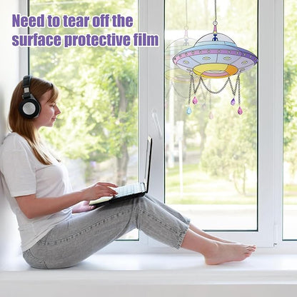 Colorful UFO Hanging Decoration with Chain & Bead Alien UFO Hanging Sun Catcher Ornament for Home Garden Christmas UFO Party Gift