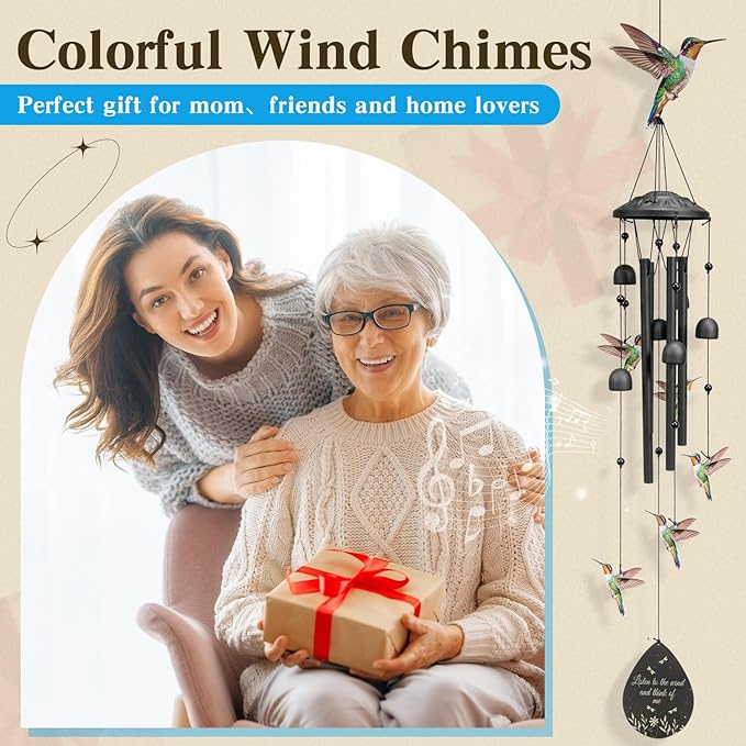 Hummingbird Wind Chimes Outdoor Durable Black Metal Windchimes Garden Patio Decor Hummingbirds Gifts for Women/Men, Garden/Yard Decor, Memorial/Birthday Gifts for Grandma/Mom, Birds Chimes for Outside