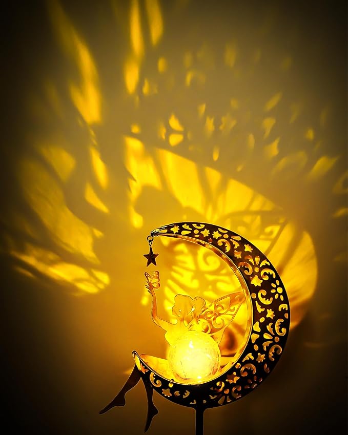 Vuees Solar Garden Statues Outdoor Decor, Fairy Moon Figurine Light Stake, Housewarming Ornament for Patio, Lawn, Yard, Pathway - Unique Gift Ideas for Gardening Mom Grandma