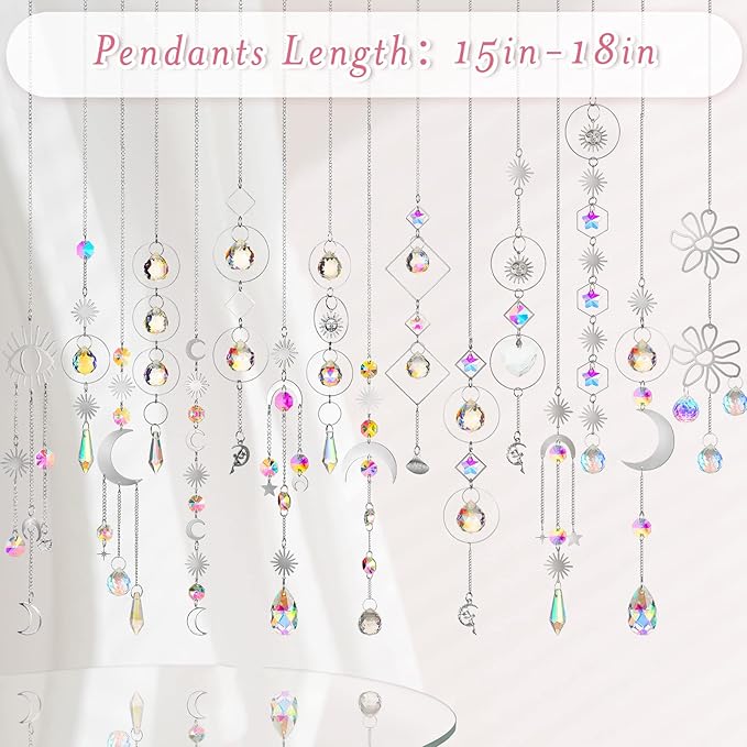 Ysleen 16 Pcs Crystals Suncatcher Colorful Hanging Sun Catcher for Window with Chain Pendant Ornament Prism for Garden Wedding Party Indoor Outdoor Decoration Gift(Silver)