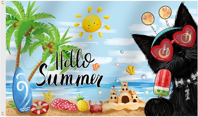 SENSEVEN Black Cat Summer Flags for Outside 3x5 Ft, Coconut Tree Popsicle Seasonal Yard Flag, Cute Kitten Beach Coastal Flag Hello Summer Welcome Outdoor Banner for Porch Farmhouse Decor
