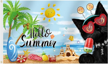 SENSEVEN Black Cat Summer Flags for Outside 3x5 Ft, Coconut Tree Popsicle Seasonal Yard Flag, Cute Kitten Beach Coastal Flag Hello Summer Welcome Outdoor Banner for Porch Farmhouse Decor