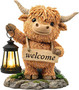 Solar Garden Statue Highland Cow, Whimsical Farm Animal Outdoor Decor with Lantern, Waterproof Resin Garden Yard Patio Gift for Mom Grandma Women
