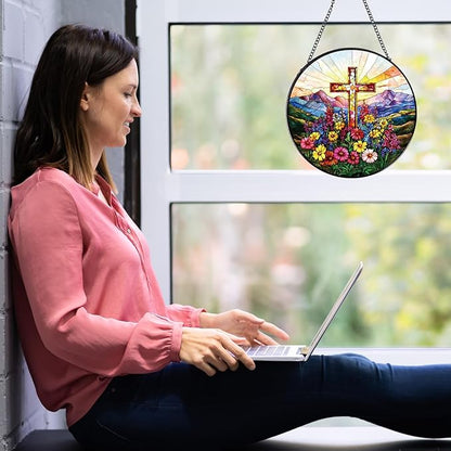 Cross Stained Glass Window Hanging, Cross Wildflowers Sun Catchers Indoor Window Plant Lover Gifts for Women Grandma, Wall SunCatchers Decor for Garden Home Birthday Christmas