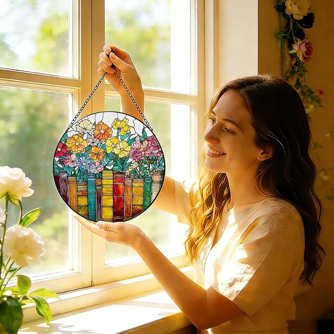 Stained Glass Window Hanging, 8 Inch Book Ornament Suncatcher, Sun Catchers Indoor Window, Flowers Suncatchers for Windows Hanging, Spring Home Garden Decor Panel, Book Lovers Gifts for Women Teacher