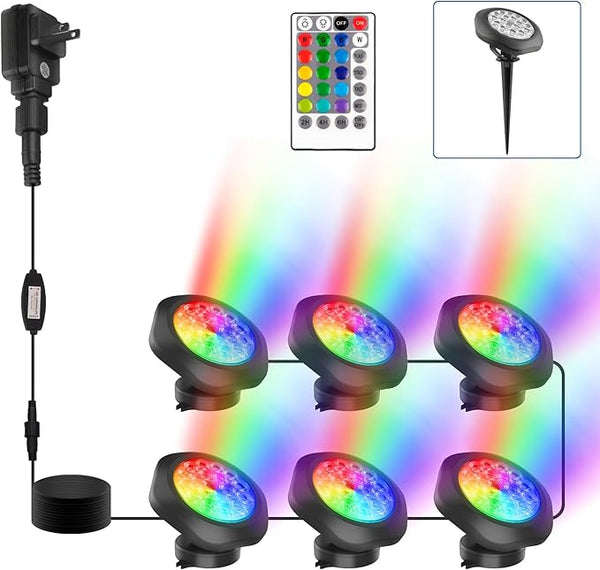 RGBW Pond Lights with Timer, 18 LED Underwater Submersible Fountain Lights Color Changing Landscape Spotlights Remote Control IP68 Waterproof for Fish Aquarium Tank Yard Garden Pool (Set of 6)
