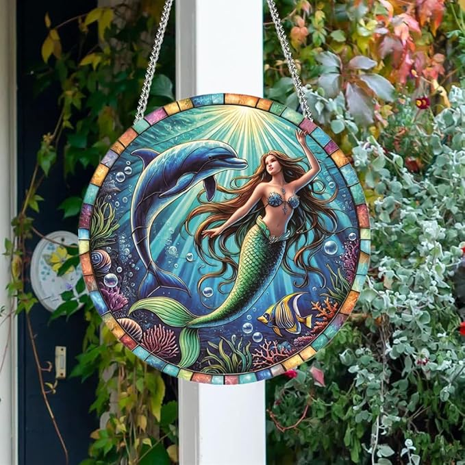 Mermaid and Dolphin Stained Window Hangings – Acrylic Ocean Ornament for Garden, Patio and Indoor Decor, Housewarming Gift for Mom, Grandma and Marine Life Lovers