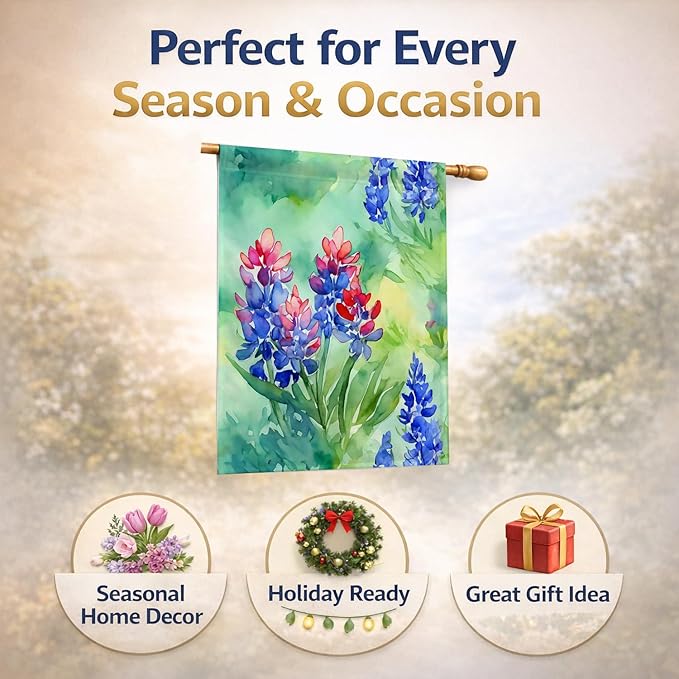 Caroline's Treasures Texas Bluebonnets in Watercolor House Flag Large Porch Sleeve Pole Decorative Outside Yard Banner Artwork Wall Hanging, Polyester, House Size, Multicolor