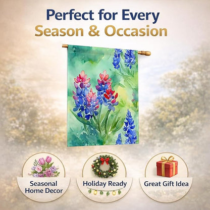 Caroline's Treasures Texas Bluebonnets in Watercolor House Flag Large Porch Sleeve Pole Decorative Outside Yard Banner Artwork Wall Hanging, Polyester, House Size, Multicolor