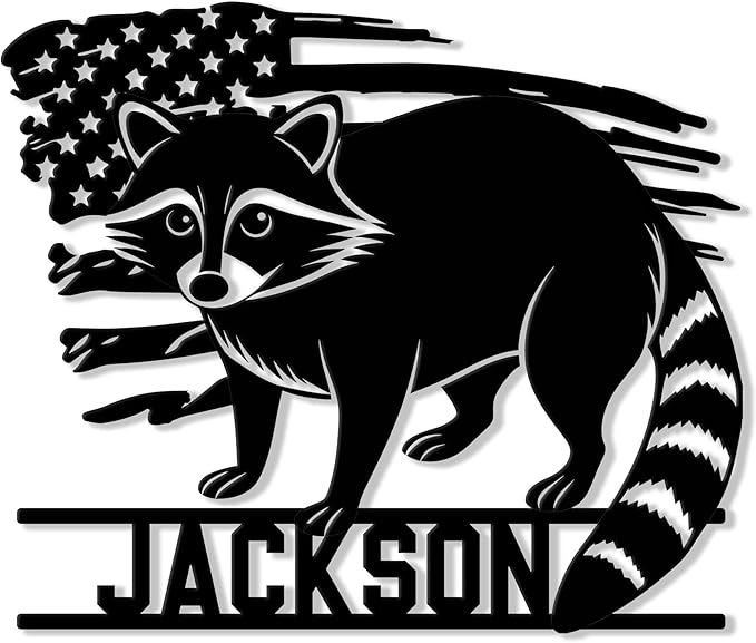 Personalized Raccoon Metal Sign, Raccoon USA Flag Hanging Sign Outdoor Porch Welcome, Custom Name - Wall Fence Yard Patio Home Office Decor Gift Birthday