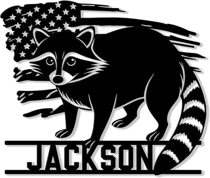 Personalized Raccoon Metal Sign, Raccoon USA Flag Hanging Sign Outdoor Porch Welcome, Custom Name - Wall Fence Yard Patio Home Office Decor Gift Birthday