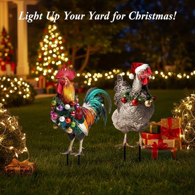 SUPVOX Christmas Rooster Chicken Yard Signs with Stakes 2pcs Metal Xmas Outdoor Yard Chicken Signs Christmas Animal Yard Sign Art Decoration for Lawn Garden Holiday Supplies