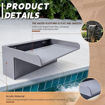 Pool Fountain, Transparent Acrylic Pool Waterfall Spillway with Pipe Connector Kits for Outdoor Decorative, 35.4 Inches Pool Water Feature for Garden Patio, Backyard Koi Pond Decor
