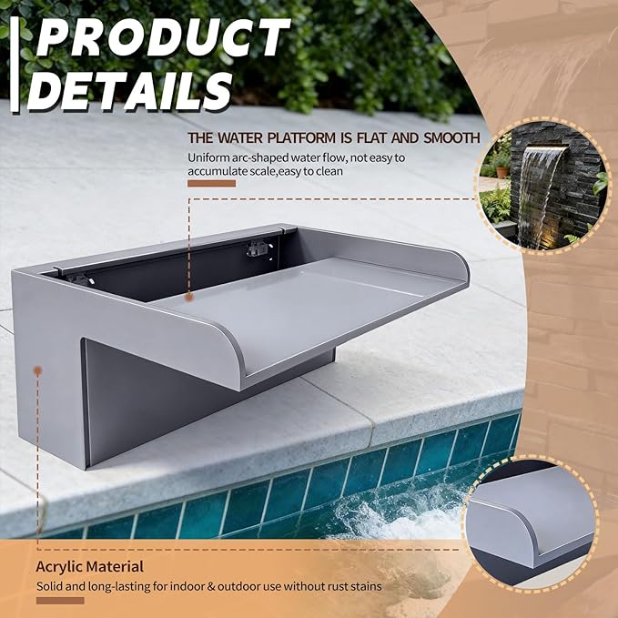Pool Fountain, Transparent Acrylic Pool Waterfall Spillway with Pipe Connector Kits for Outdoor Decorative, 23.6 Inches Pool Water Feature for Garden Patio, Backyard Koi Pond Decor