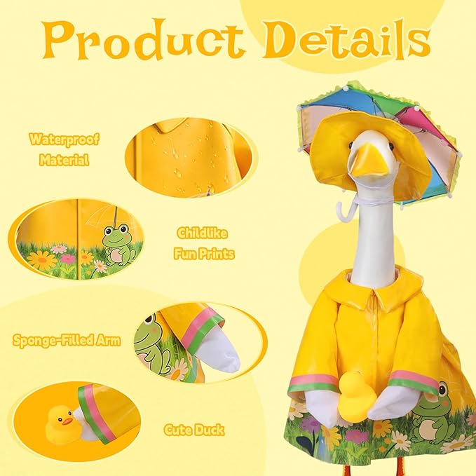 GJL Porch Goose Raincoat Outfit Fits 23 Inch Plastic Cement Goose Statue, Lawn Goose Clothes Set with Umbrella and Hat for Spring Summer Outdoor Yard Garden Decor