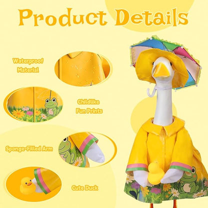 GJL Porch Goose Raincoat Outfit Fits 23 Inch Plastic Cement Goose Statue, Lawn Goose Clothes Set with Umbrella and Hat for Spring Summer Outdoor Yard Garden Decor