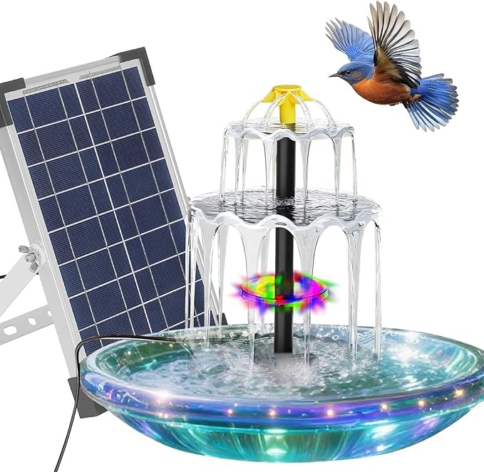 Solar Water Fountain, 6W Solar Bird Bath Fountain Pump with Color LED Lights, 3 Interchangeable Nozzles & Easy Installation, Solar Powered Fountain for Garden, Bird Bath, Patio, Yard, Pond