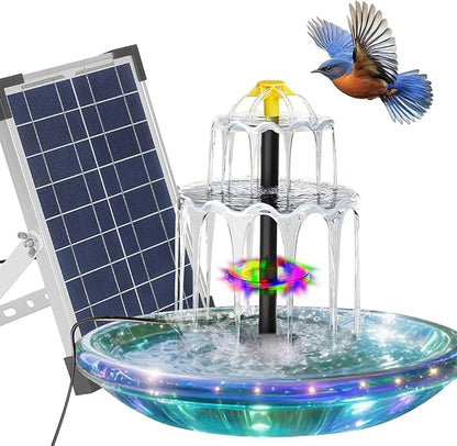 Solar Water Fountain, 6W Solar Bird Bath Fountain Pump with Color LED Lights, 3 Interchangeable Nozzles & Easy Installation, Solar Powered Fountain for Garden, Bird Bath, Patio, Yard, Pond
