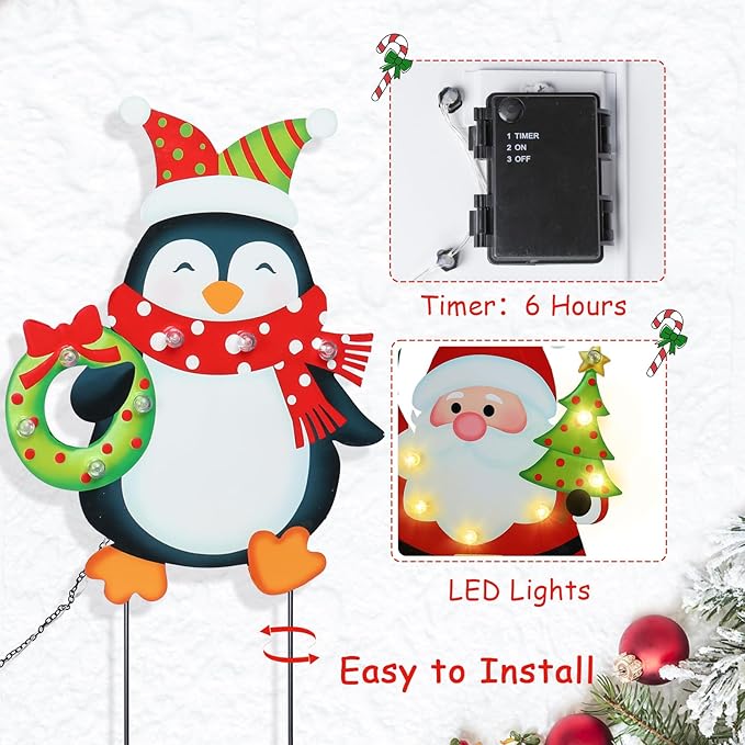 WONDER GARDEN Christmas Yard Stakes, 3 PCS LED Light Xmas Yard Signs with Santa Claus, Snowman, Penguin Christmas Yard Decorations for Lawn Party Decorations