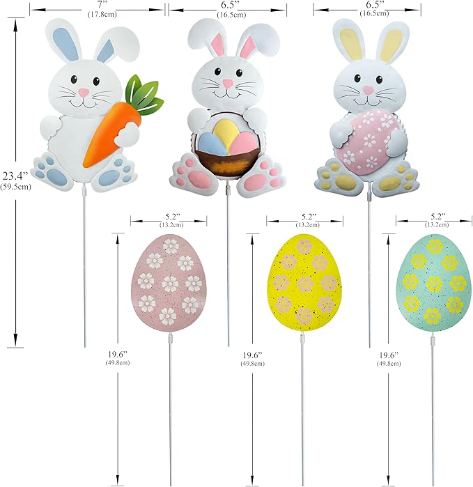 Easter Garden Stakes Outdoor Decorations, 3D Sculptures, Metal Bunny & Egg Yard Art Set of 6, Durable Weather-Resistant Design, Spring Lawn Decorations for Yard Patio Porch,Rabbit Easter Outdoor Decor