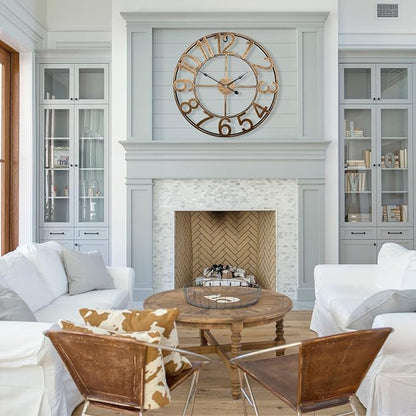 30 Inch Large Outdoor Clock, Vintage Gold Oversized Battery Analog Clock Silent Non-Ticking, Gaint Rustic Industrial Metal Decorative Wall Clock for Living Room, Kitchen, Farmhouse, Patio