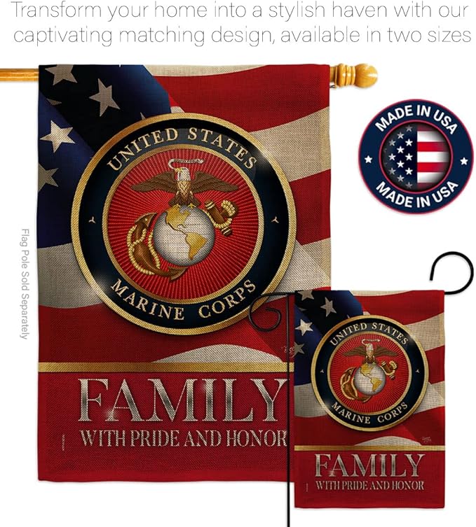US Marine Family Honor Burlap Garden Flag - Armed Forces Corps USMC Semper Fi United State American Military Veteran Retire Official - House Banner Small Yard Gift Double-Sided 13 X 18.5